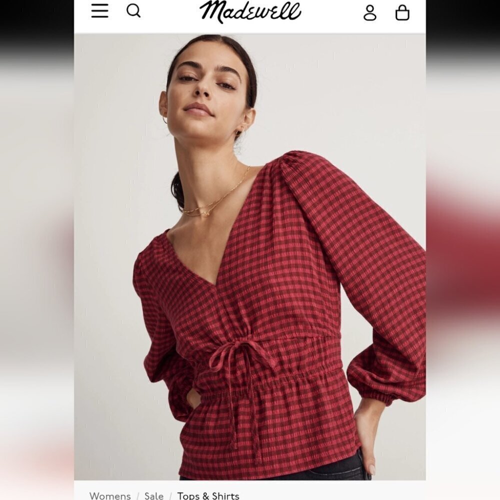 Madewell Crinkled V-Neck Peplum Top in Plaid